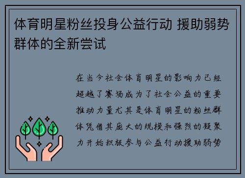 体育明星粉丝投身公益行动 援助弱势群体的全新尝试